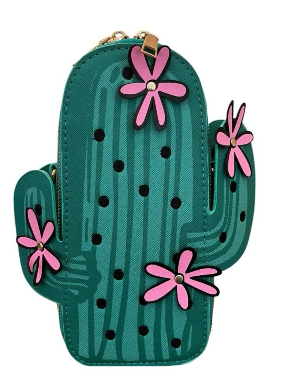 Small Green Figural Saguaro Cactus Shaped Chain Crossbody Bag Flowers New - Picture 3 of 6